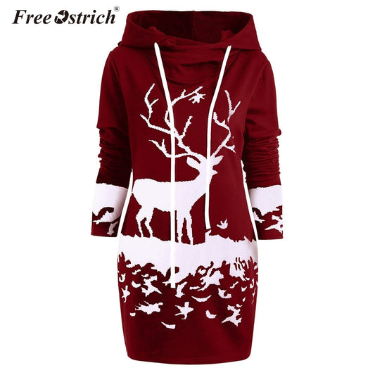 Free Ostrich Christmas Dress Women Hooded Long Sleeve Printed Casual Vestido De Festa Curto Casual Dress Clothes Women N30 - TRIPLE AAA Fashion Collection