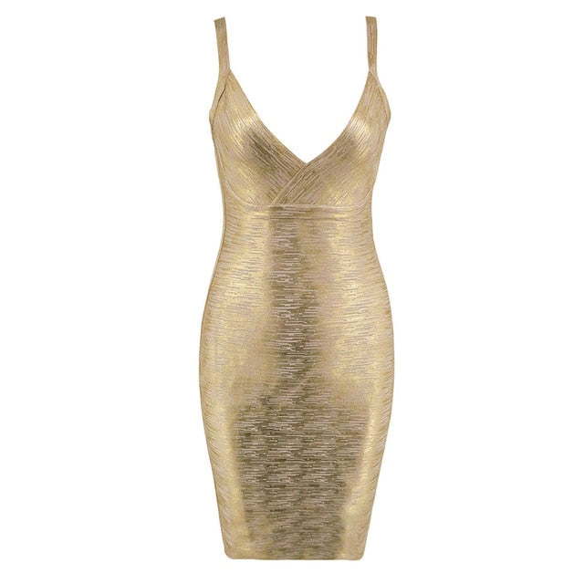 Summer new women dress sleeveless v neck bandage dress sexy bodycon bronzing celebrity party gold dresses - TRIPLE AAA Fashion Collection