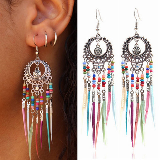 Bohemian New Fashion Retro Hollow Long Feather Earrings Creative Colorful Rice Beads Tassel Earrings