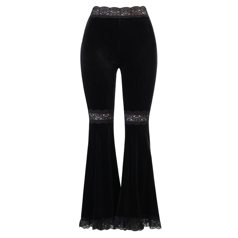 InsGoth Mall Goth High Waist Flared Pants Aesthetic Sexy Lace Patchwork Trousers Women Vintage Elegant Velvet Christmas Pants