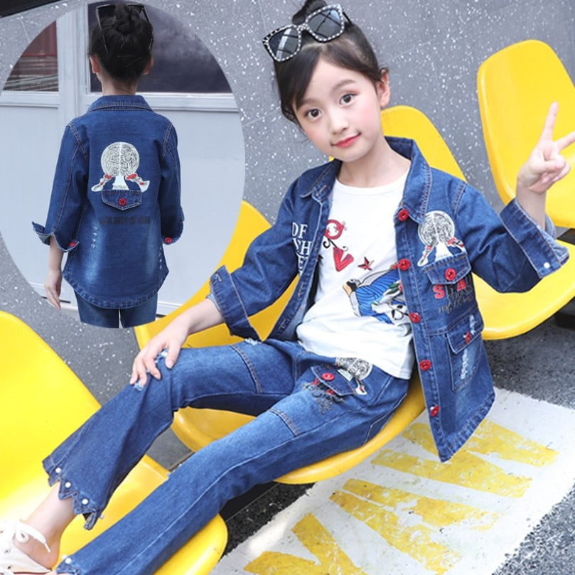 Children Girls Set Printing Denim Jacket Bell Bottoms Jeans Two-piece Boutique Teenage Kids Clothes 10 12 Year