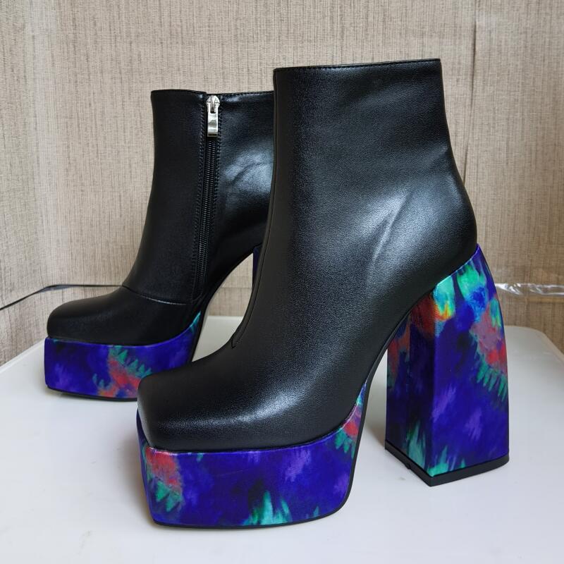 Genuine Leather Printing Platform Women Boots Autumn Winter Thick high heel Women's Shoes Short boots Big Size 35-43
