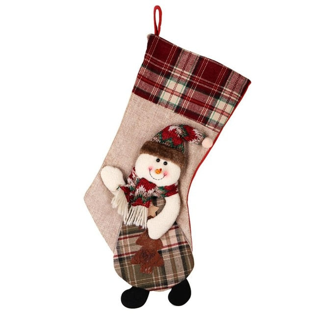 Warm Large Christmas Stocking Santa Claus Sock Plaid Burlap Gift Holder Christmas Tree Decoration New Year Gift Candy Bags - TRIPLE AAA Fashion Collection