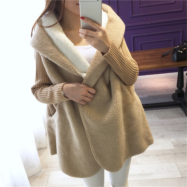 Loose Lamb Wool Cardigan Solid Color Hooded Long Fashion Coat Knitted Sleeve Stitching Warm Jacket - TRIPLE AAA Fashion Collection