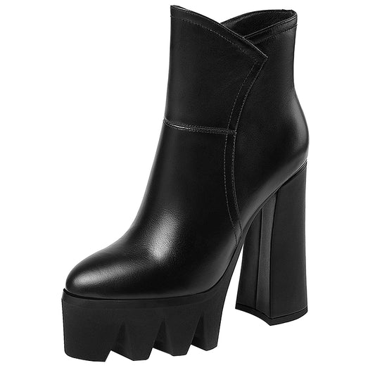 Women's Short Boots High Heels Leather Thick Heel Platform Platform Boots Autumn and Winter New Boots