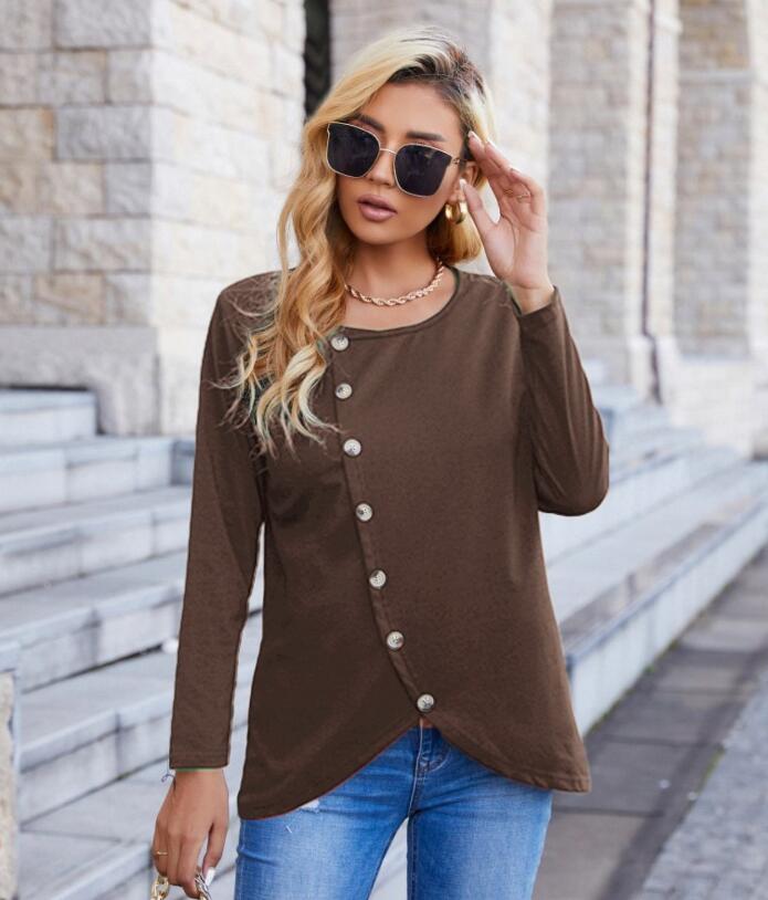 Fashion New Button Long Sleeve Casual Round Neck T-Shirt Casual Women's Top