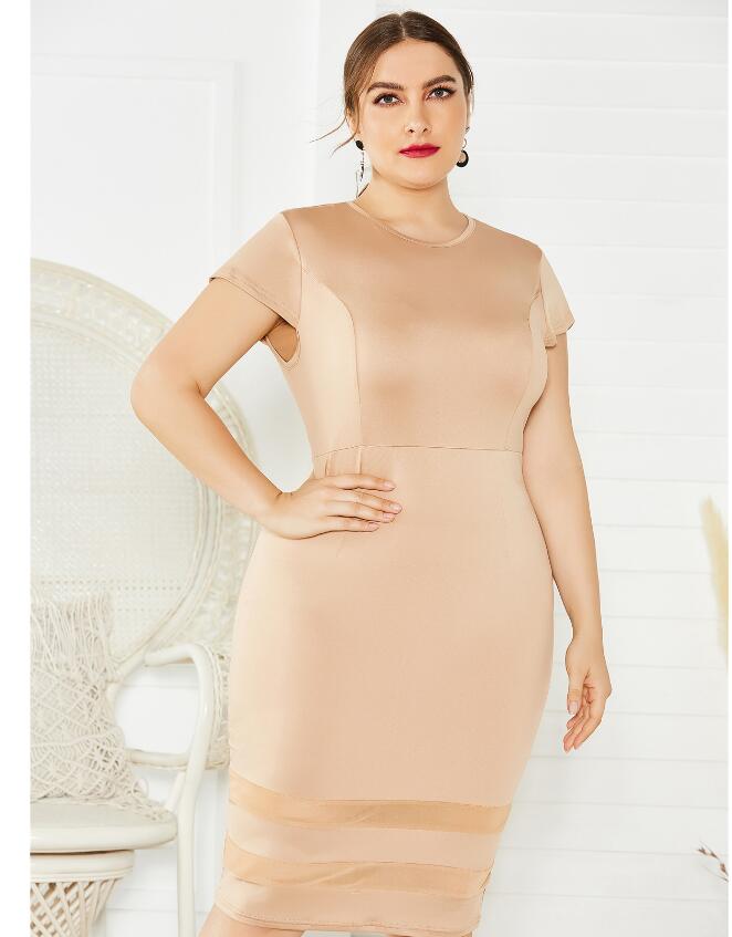Sexy Plus Size Women's European And American Foreign Trade Fat Woman Dress Solid Color Mesh Stitching Dress