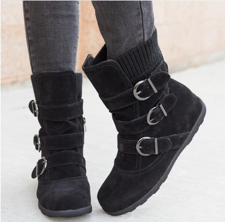 Winter buckled calf women's boots, winter women's warm zipper boots, plain flat shoes, large size women's casual boots - TRIPLE AAA Fashion Collection