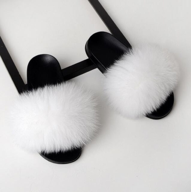 Women Flat Non-slip Solid Fox Fur Slides Real Fox hair Slides Large Size Slippers - TRIPLE AAA Fashion Collection