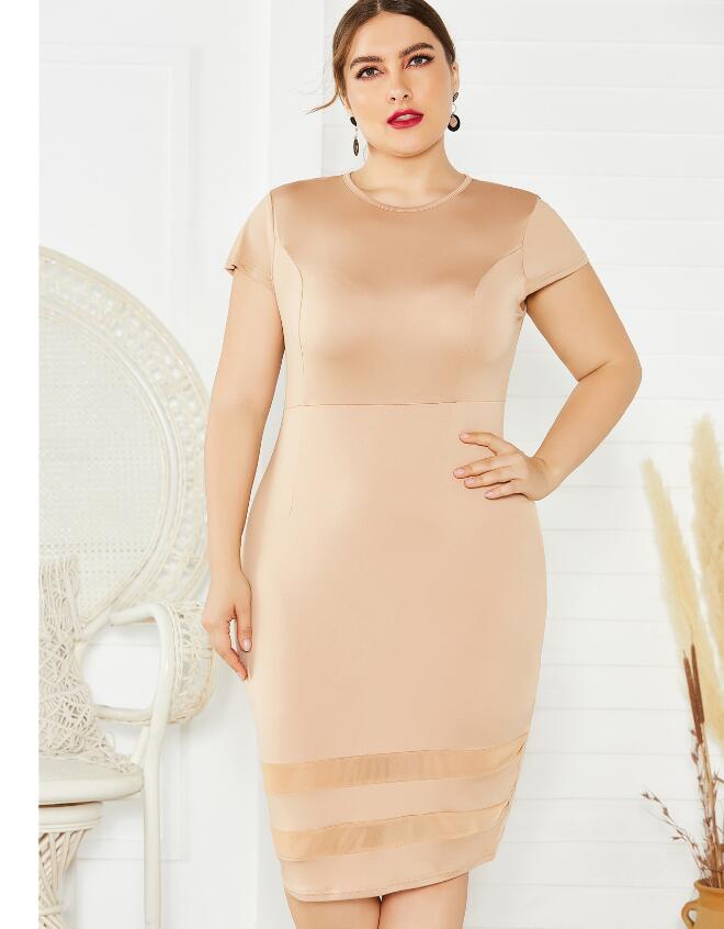 Sexy Plus Size Women's European And American Foreign Trade Fat Woman Dress Solid Color Mesh Stitching Dress