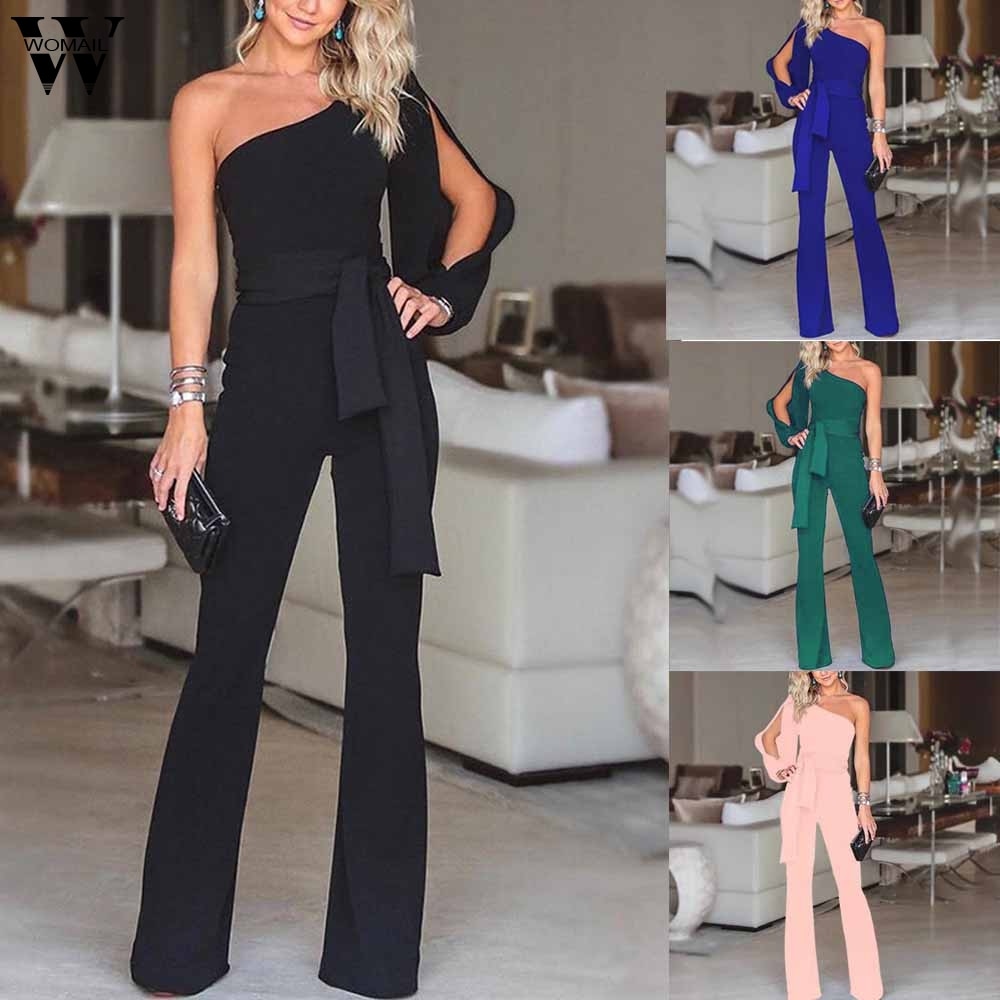 Woman bodysuit Women Summer Casual Solid Long Sleeve Cold Shoulder Jumpsuit Clubwear Wide Leg Jumpsuit - TRIPLE AAA Fashion Collection