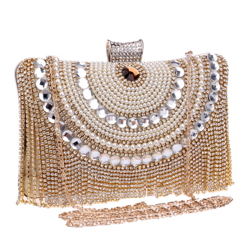 Rhinestones Tassel Clutch Diamonds Beaded Metal Evening Bags Chain Shoulder Messenger Purse Evening Bags For Wedding Bag - TRIPLE AAA Fashion Collection