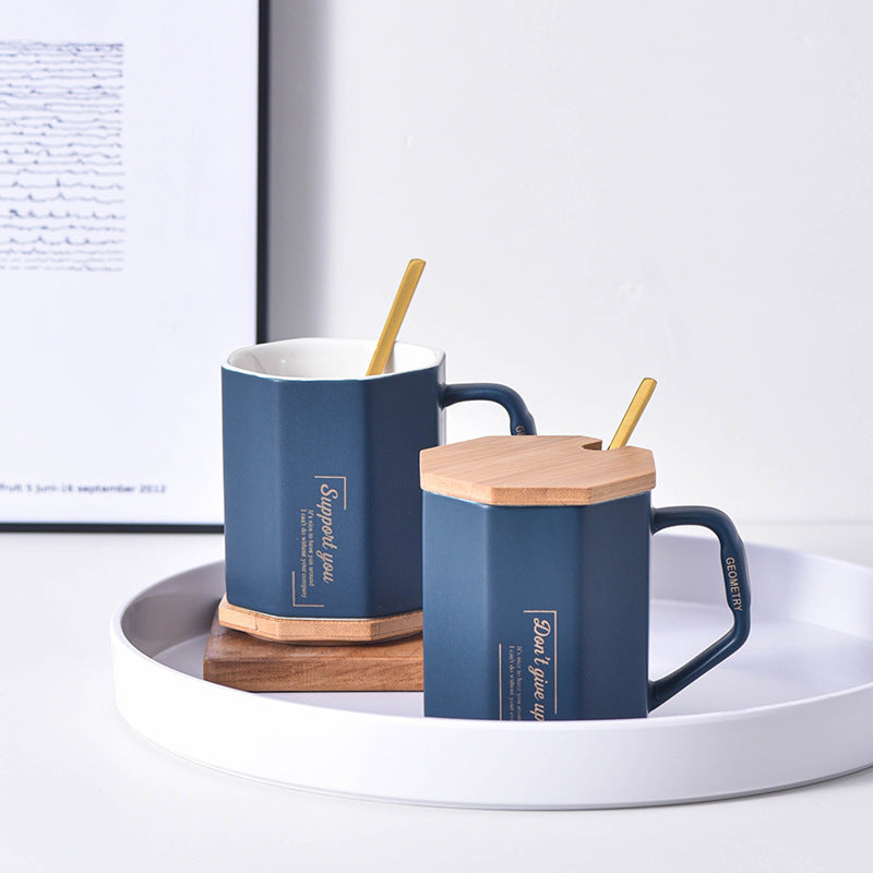 Creative Nordic Octagonal Ceramic Cup With Lid Spoon Simple Mug Office Coffee Cup Gift Cup