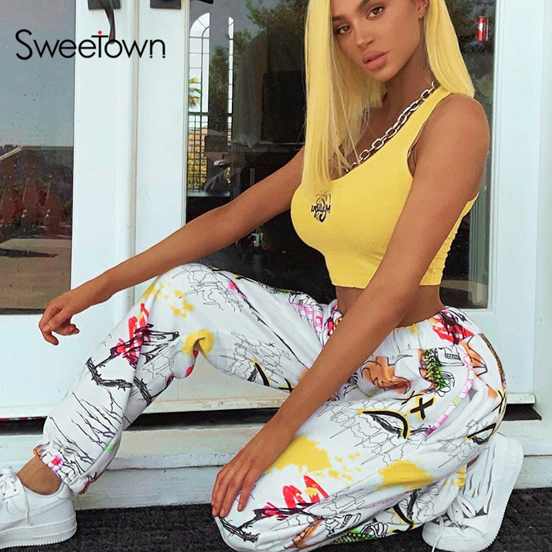 Sweetown Graffiti Baggy Cargo Pants Women Jogger Sweatpants Casual Pockets Elastic High Waist Trousers Female Hip Hop Streetwear