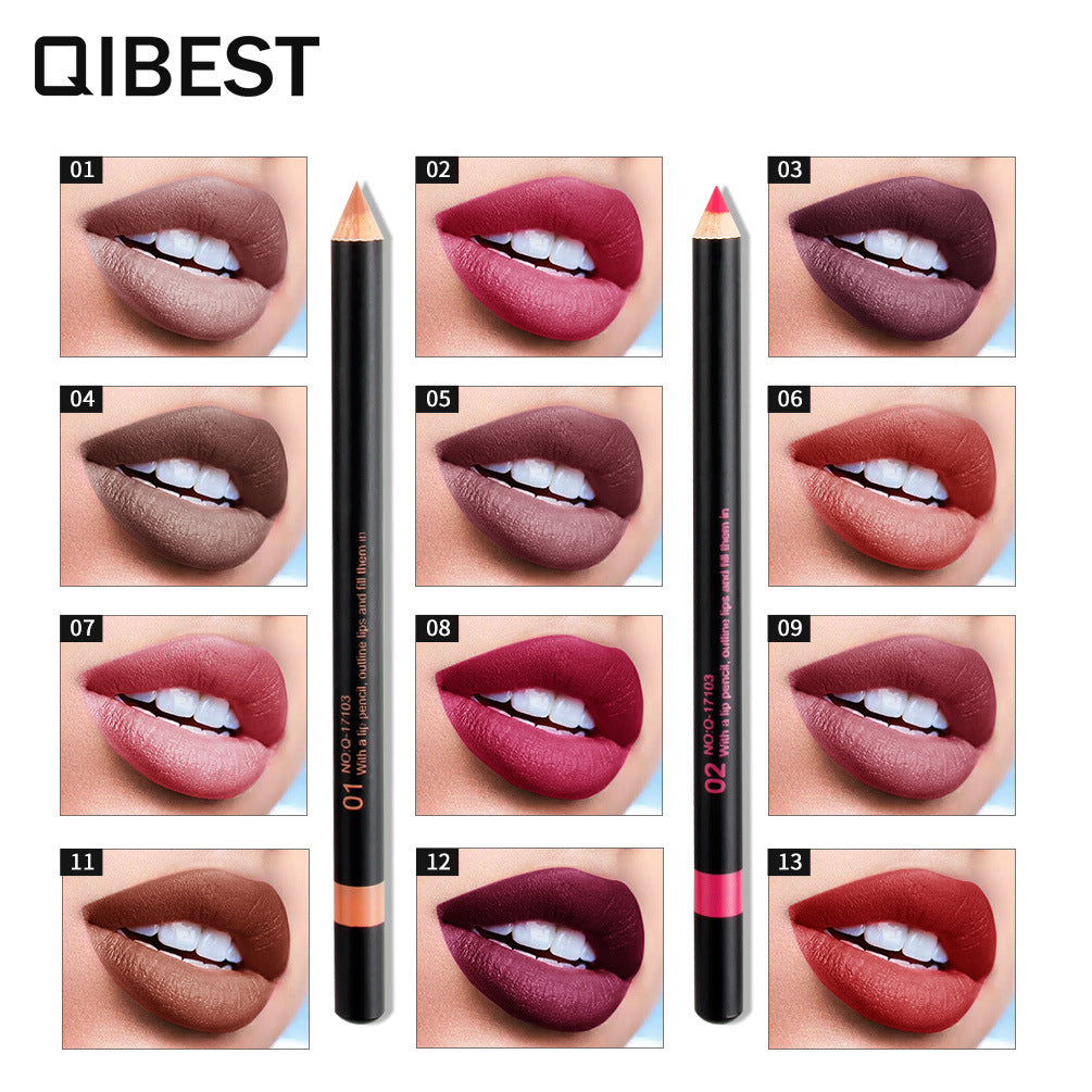 QIBEST Fashion Black Rod Lip Liner 12 Colors Mixed Color Lip Liner Set Waterproof Retouching Lipstick Pen
