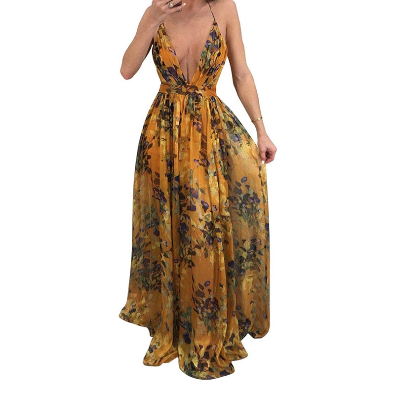 Women Dresses Summer Sexy Maxi Boho Style Print Party Dress Deep V Neck Backless Long Dress - TRIPLE AAA Fashion Collection