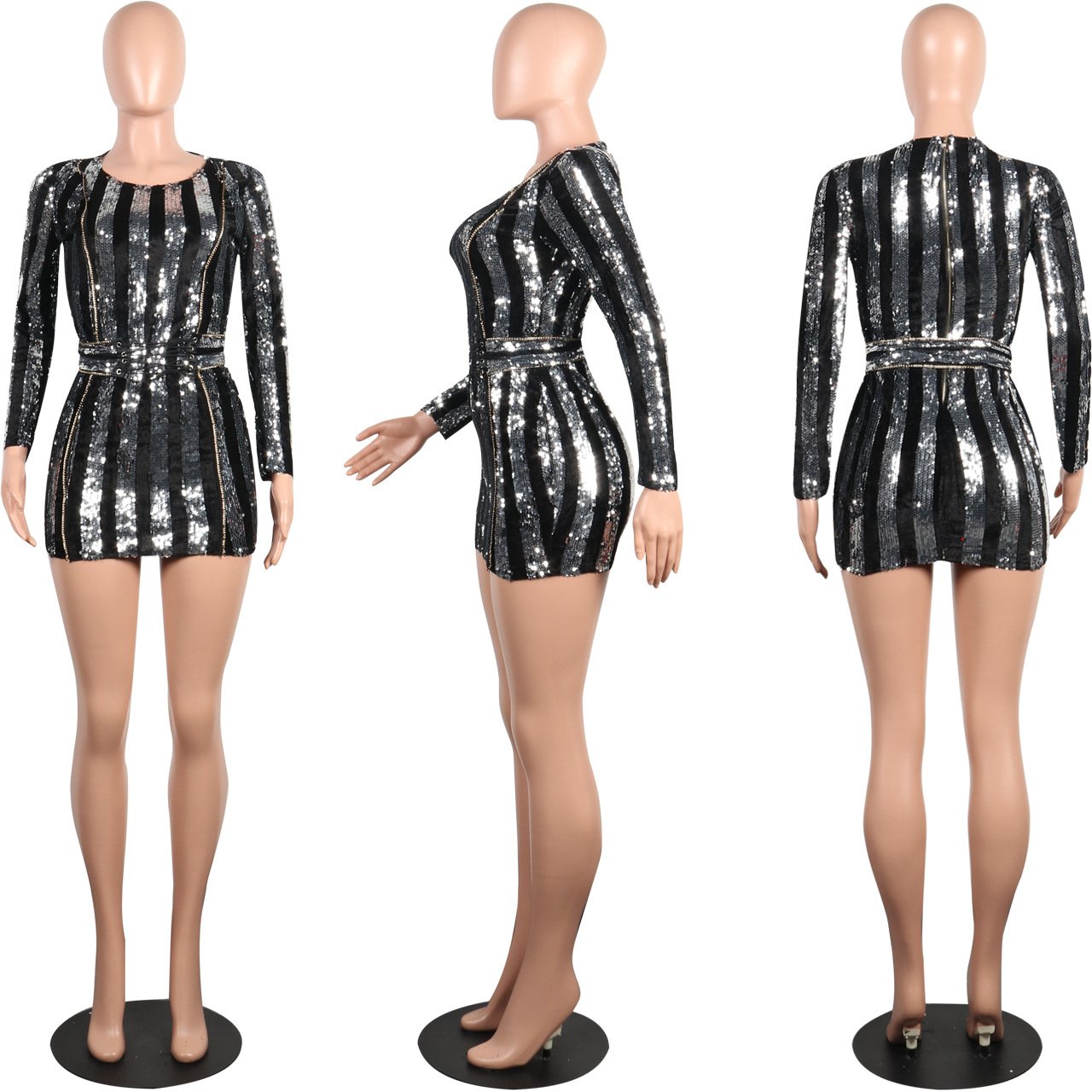 Long Sleeve Mini Sequin Dress Women Striped Bodycon Autumn Winter Dresses - TRIPLE AAA Fashion Collection