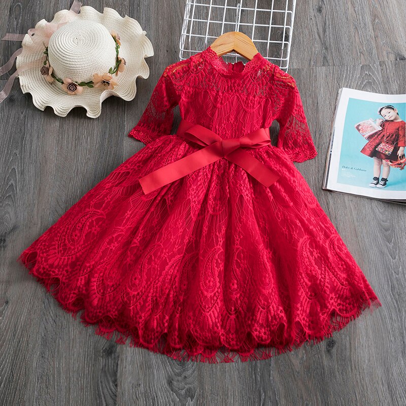 Red Kids Dresses For Girls Flower Lace Tulle Dress Wedding Little Girl Ceremony Party Birthday Dress Children Autumn Clothing - TRIPLE AAA Fashion Collection