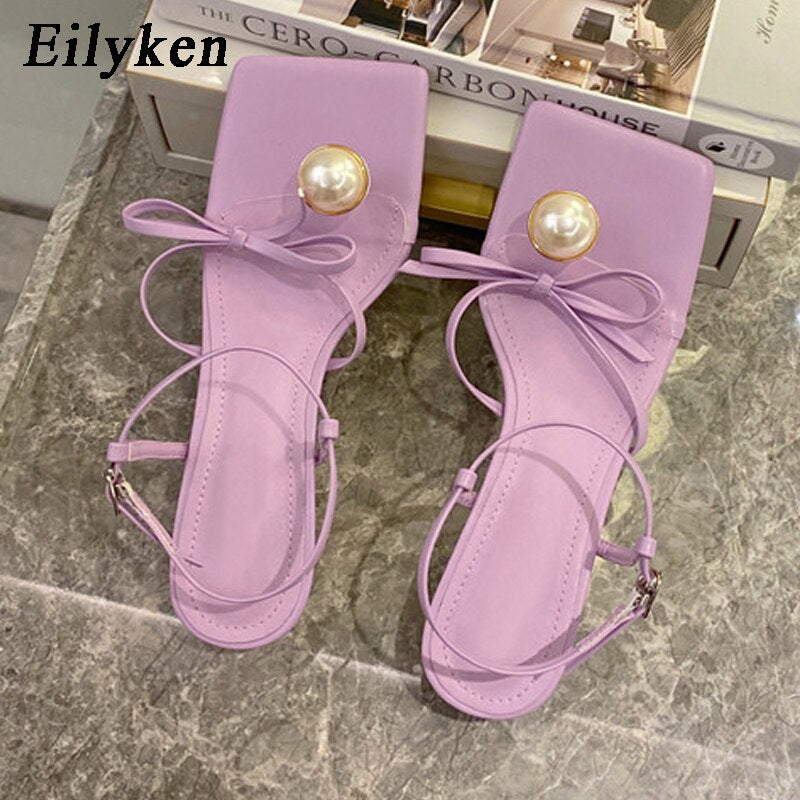 Fashion Pearl Decoration Clip Toe Square Toe Ankle Buckle Strap Sandals 2021 Summer Women Low Heels Party Dress Shoes - TRIPLE AAA Fashion Collection