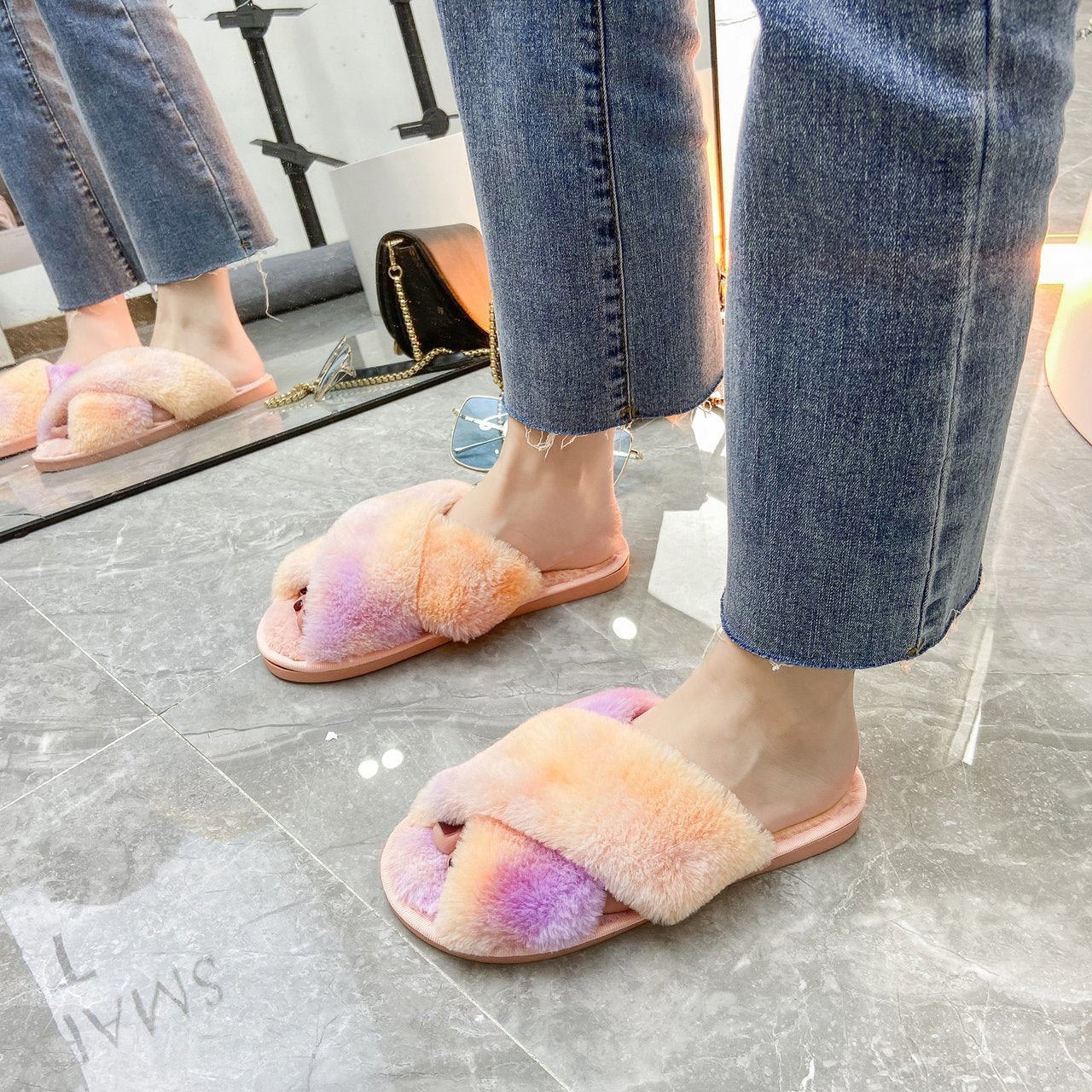 Autumn/Winter New Style Colorful Plush Slippers Cross Strap Soft Plush Flat-Bottomed Large Size Home Cotton Slippers Women's Shoes