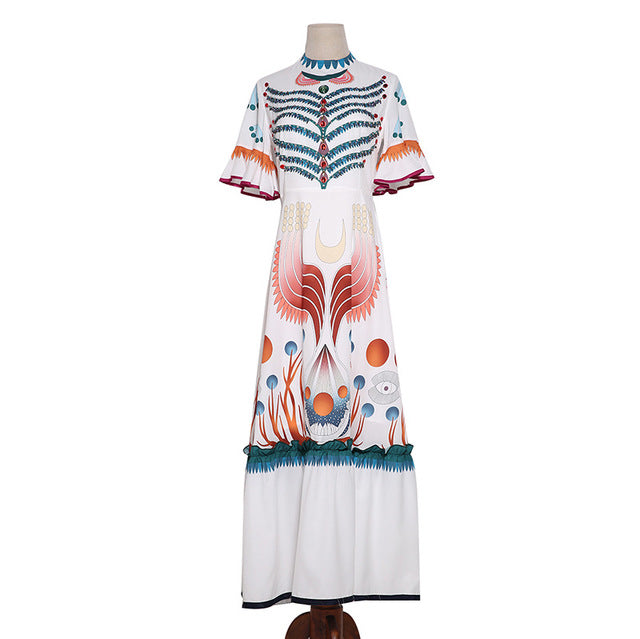 Spring Fashion Runway Maxi Long Dresses Women's Flare Sleeve Ruffles Casual Print Beading Vintage Holiday Dress - TRIPLE AAA Fashion Collection