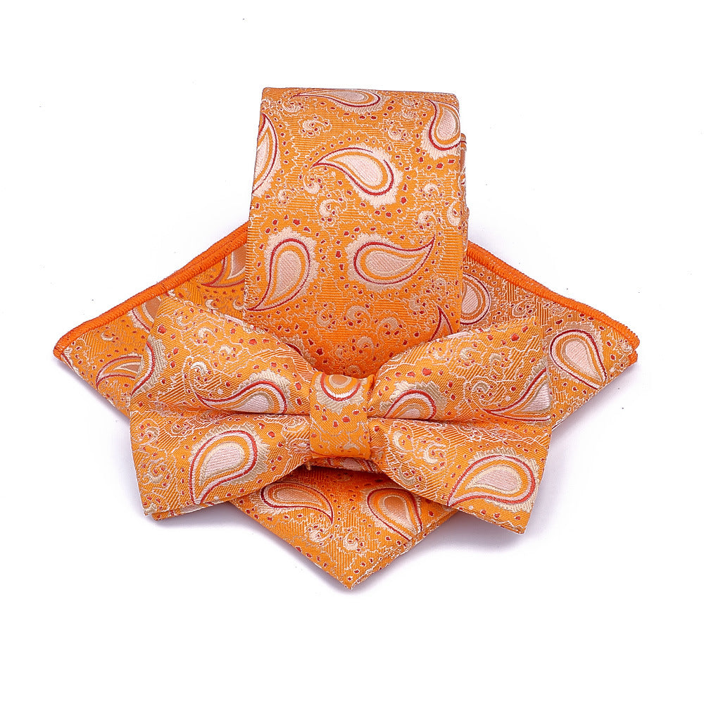 Polyester Tie Men's Jacquard Cashew Flower Floral Bow Tie Pocket Square Three Piece Suit Accessories