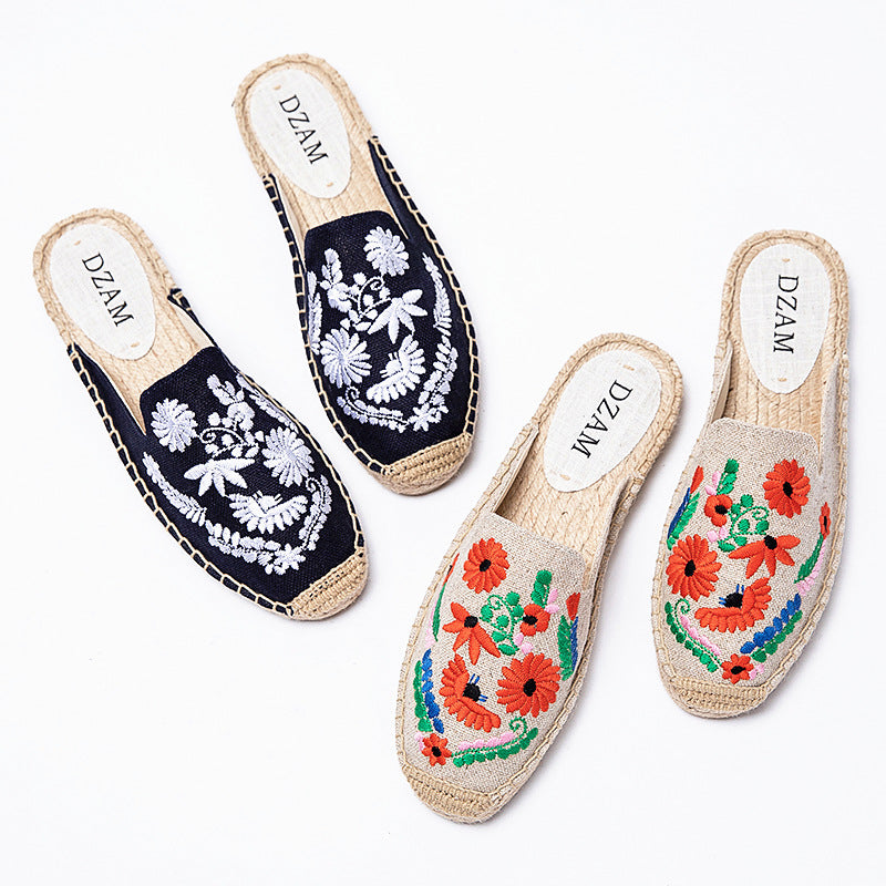 Spring And Summer Fashion Embroidered Half Drag Straw Fisherman Shoes Women's Casual Comfortable And Soft