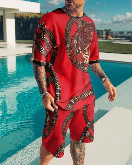 New Men's Korean Suit 3D Printing Trend Digital Printing Round Neck T-Shirt Casual Two-Piece Suit