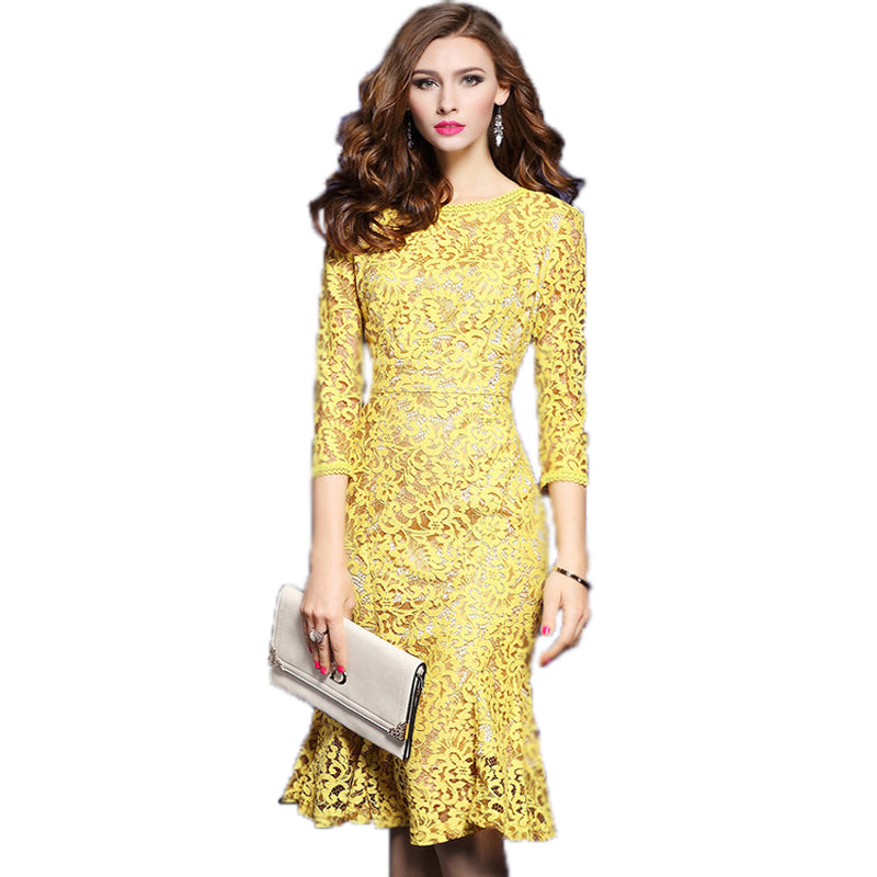 Spring Lace Three Quarter Sleeve Slim Fishtail Party Dress Woman - TRIPLE AAA Fashion Collection