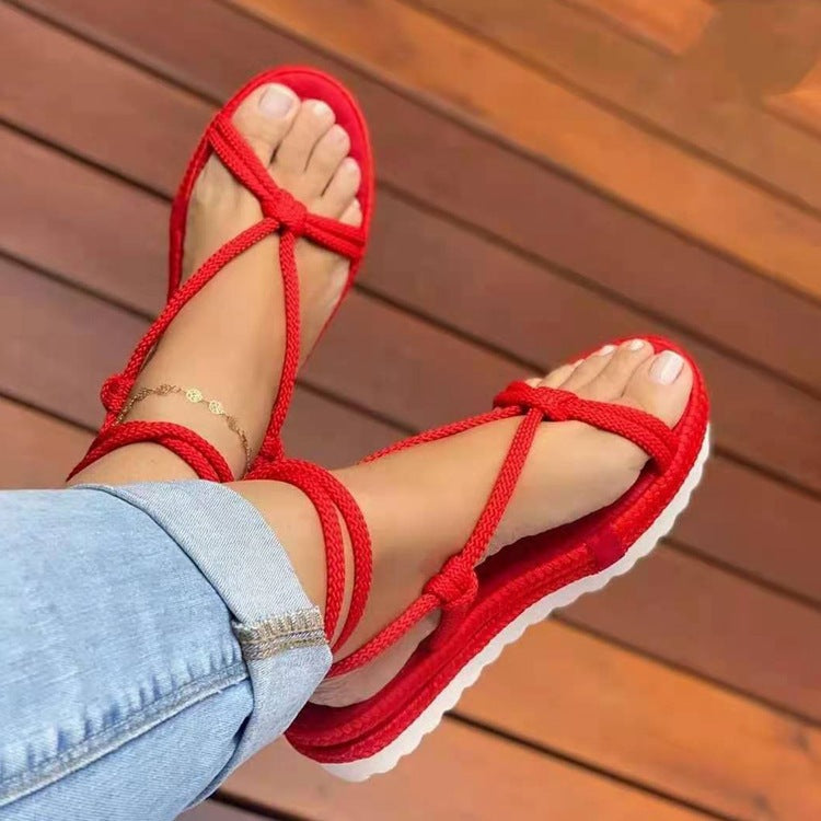 New Thick Soled Sponge Cake Hemp Rope Woven Sandals Women's Cross-Border Foreign Trade Large Size Round Toe Beach Sandals