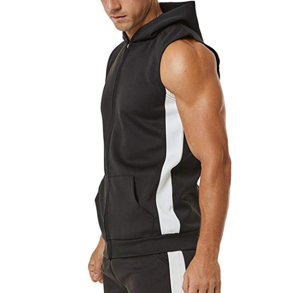 Men Zipper Splicing Sports Hooded Vest bodybuilding golds gym clothing musculation singlet fitness clothing