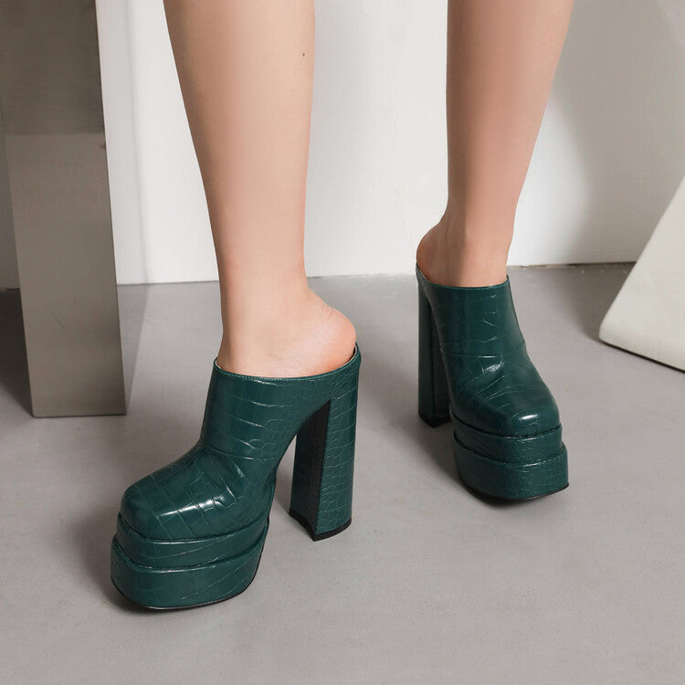 Summer Stone Pattern Double Waterproof Platform Sandals Thick Heel Super High Heel Mules for Women