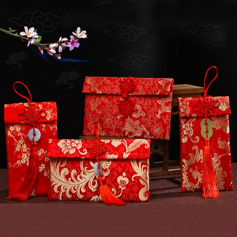Red  Chinese New Year Brocade Pocket Phoenix Dragon Pattern Cloth Jade Plate Fringed Envelopes Chinese New Year Wedding Gifts