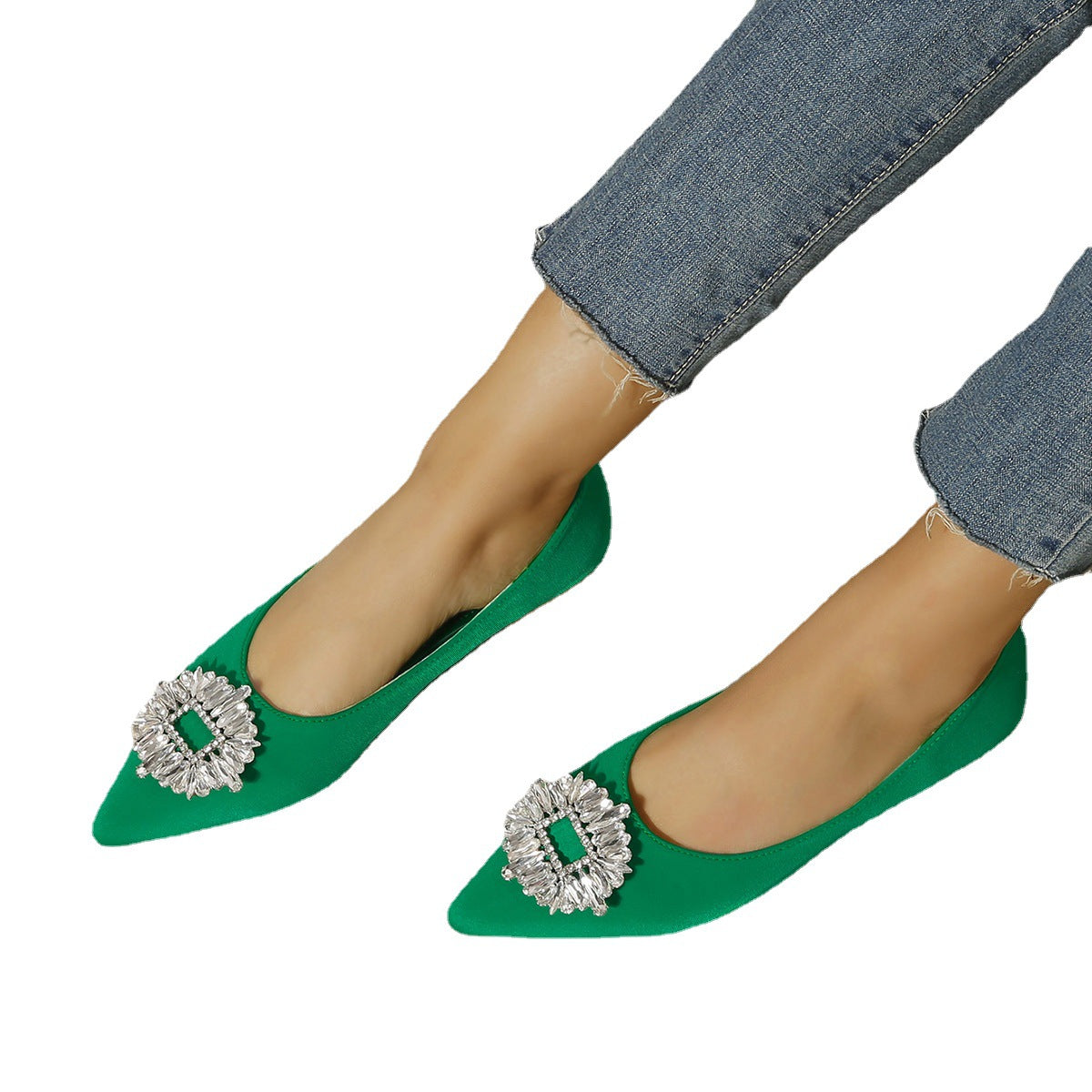 Bottom Single Shoes Shallow Mouth Pointed Toe Rhinestone Square Buckle Mary Jane Women's Shoes New Suede Slip On Shoes