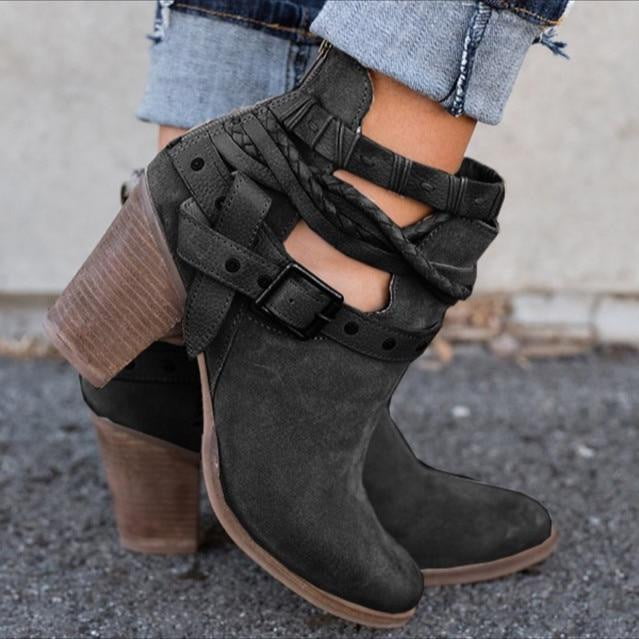 Buckle Strap Women Ankle Boots Casual Platform Shoes Woman High Heels Western Boots Slip On Winter Women Shoes - TRIPLE AAA Fashion Collection