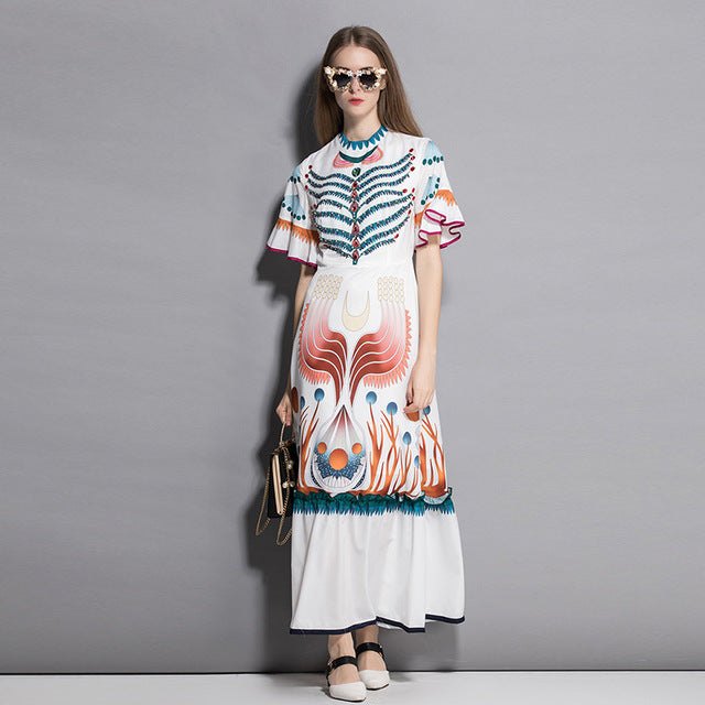 Spring Fashion Runway Maxi Long Dresses Women's Flare Sleeve Ruffles Casual Print Beading Vintage Holiday Dress - TRIPLE AAA Fashion Collection
