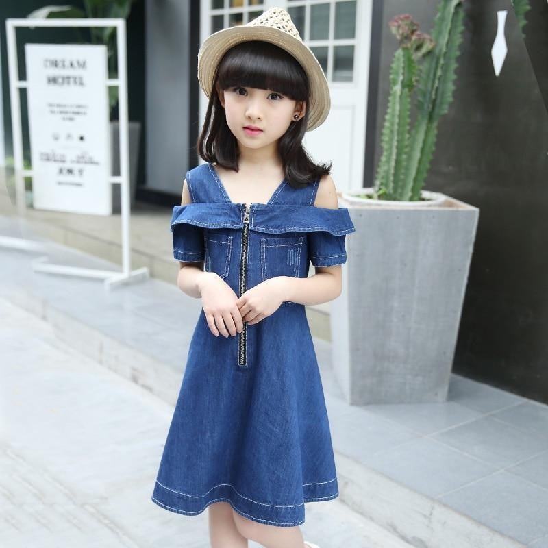 Girls Denim Dresses for Children Jean Clothes Casual Dress Blue Short Sleeve Jeans - TRIPLE AAA Fashion Collection