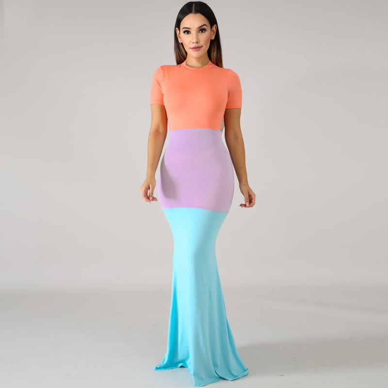 Women Color Block Maxi Dresses 2019 Summer O-neck Short Sleeve Zipper Up Patchwork Bodycon Dress - TRIPLE AAA Fashion Collection
