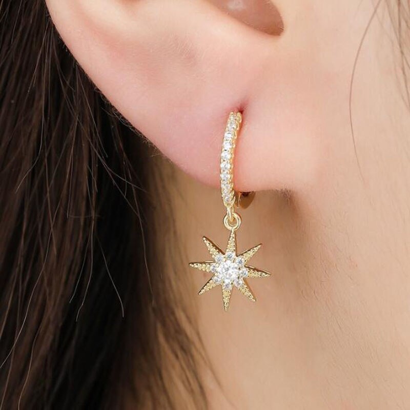 Moon Star Asymmetric Hoop Earring Silver Plated Micro Inlaid Zircon Earring Jewelry For Women Gold Color