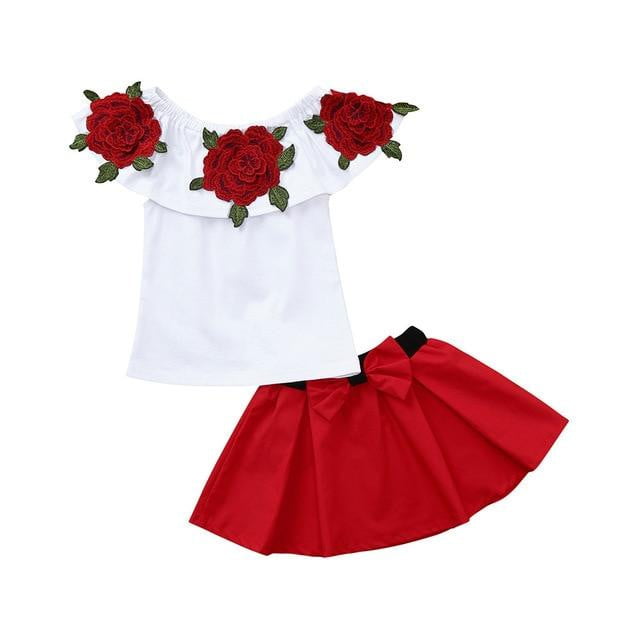 Baby Girls Suit Set Toddler Baby Girls Sleeveless Off Shoulder Embroidery Rose Tops+Skirts Outfits - TRIPLE AAA Fashion Collection