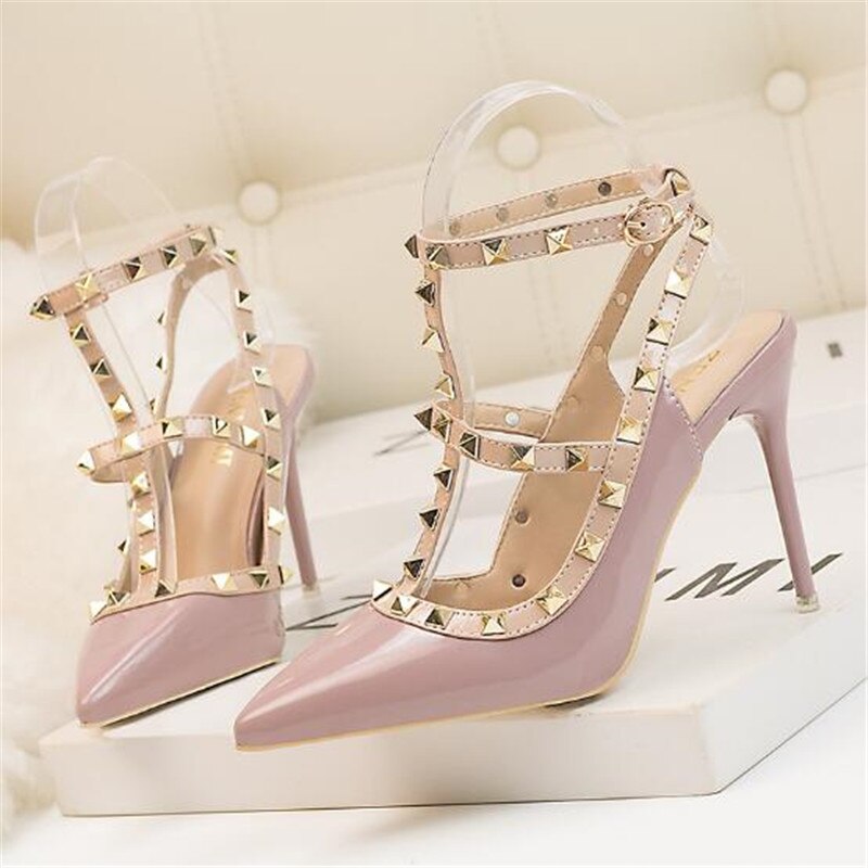 New 10CM woman Sexy nightclub stiletto heels patent-leather metallic rivet hollow Roman fashion sandals