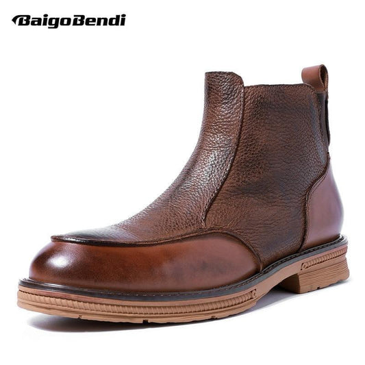 Hight End Boots Men Winter Shoes Full Grain Leather Chelsea Boots Business Man Elegant Zip Ankle Boots Retro - TRIPLE AAA Fashion Collection