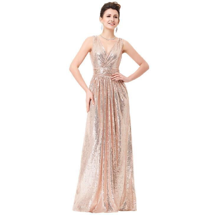 Cheap Rose Gold Sequin Bridesmaid Dresses Long  Deep V-Neck Sparkly Gala Dress V Back Wedding Guest Gowns In Stock - TRIPLE AAA Fashion Collection