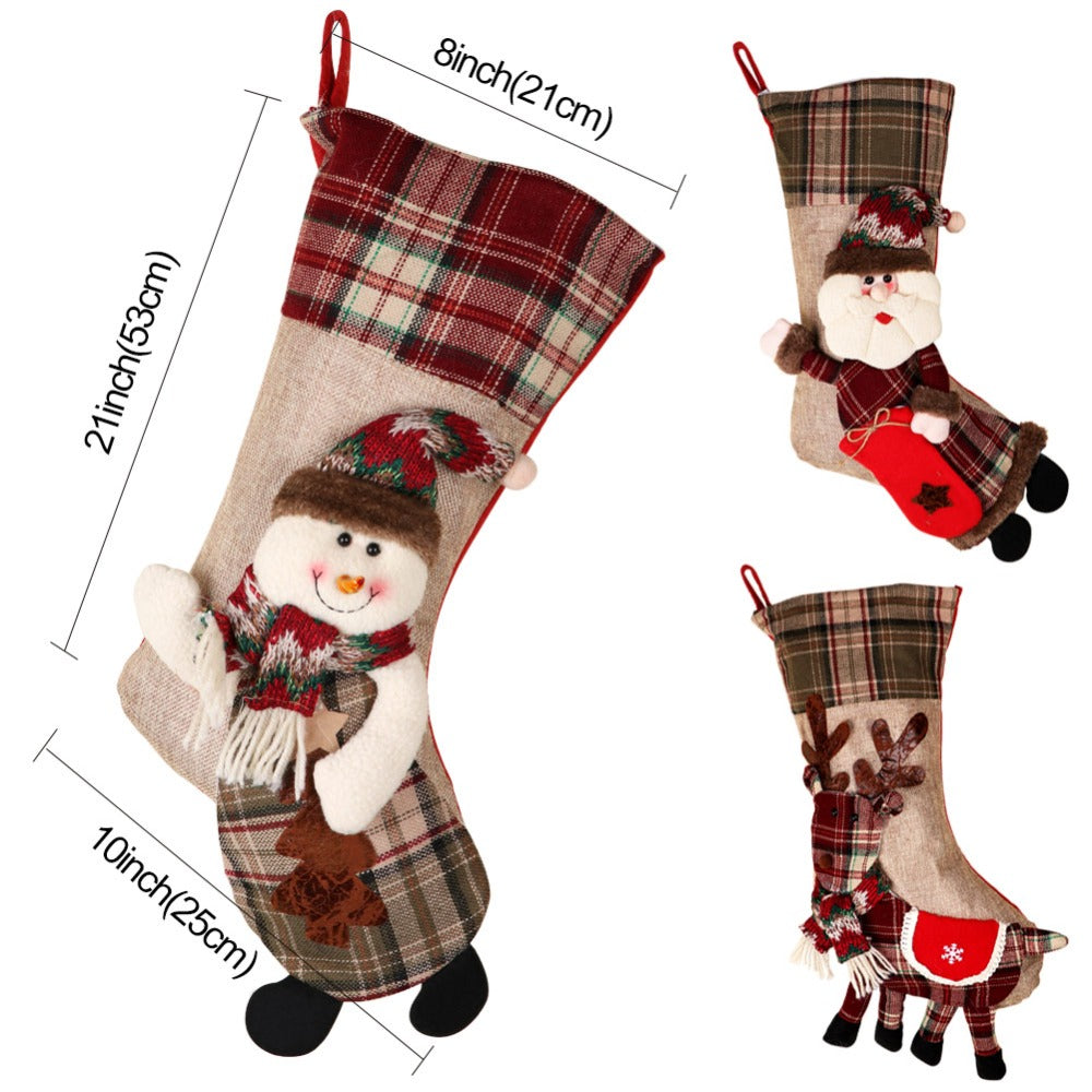 Warm Large Christmas Stocking Santa Claus Sock Plaid Burlap Gift Holder Christmas Tree Decoration New Year Gift Candy Bags - TRIPLE AAA Fashion Collection