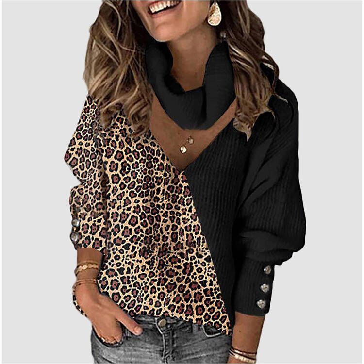 Women Sweaters Knitted Leopard Patchwork Turtleneck Sweaters Pullover Spring Button Long Lantern Sleeve Loose Women Sweaters
