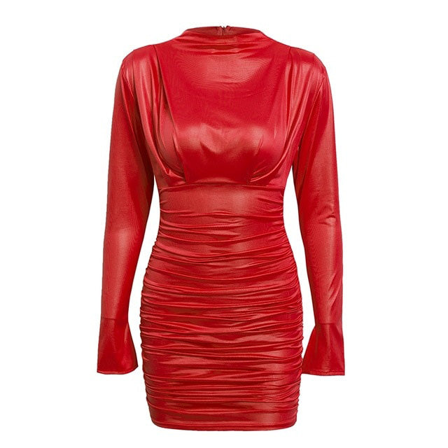 Vintage ruched bodycon dress women Sexy night club party dresses Satin mock neck mini dress long sleeve plus size - TRIPLE AAA Fashion Collection
