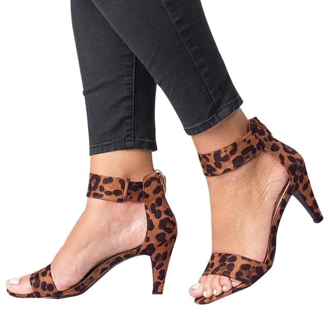 Women Flock Square Heel Sandals Leopard High Heels Buckle Strap Female Ladies Woman Sandal Shoes Girls - TRIPLE AAA Fashion Collection