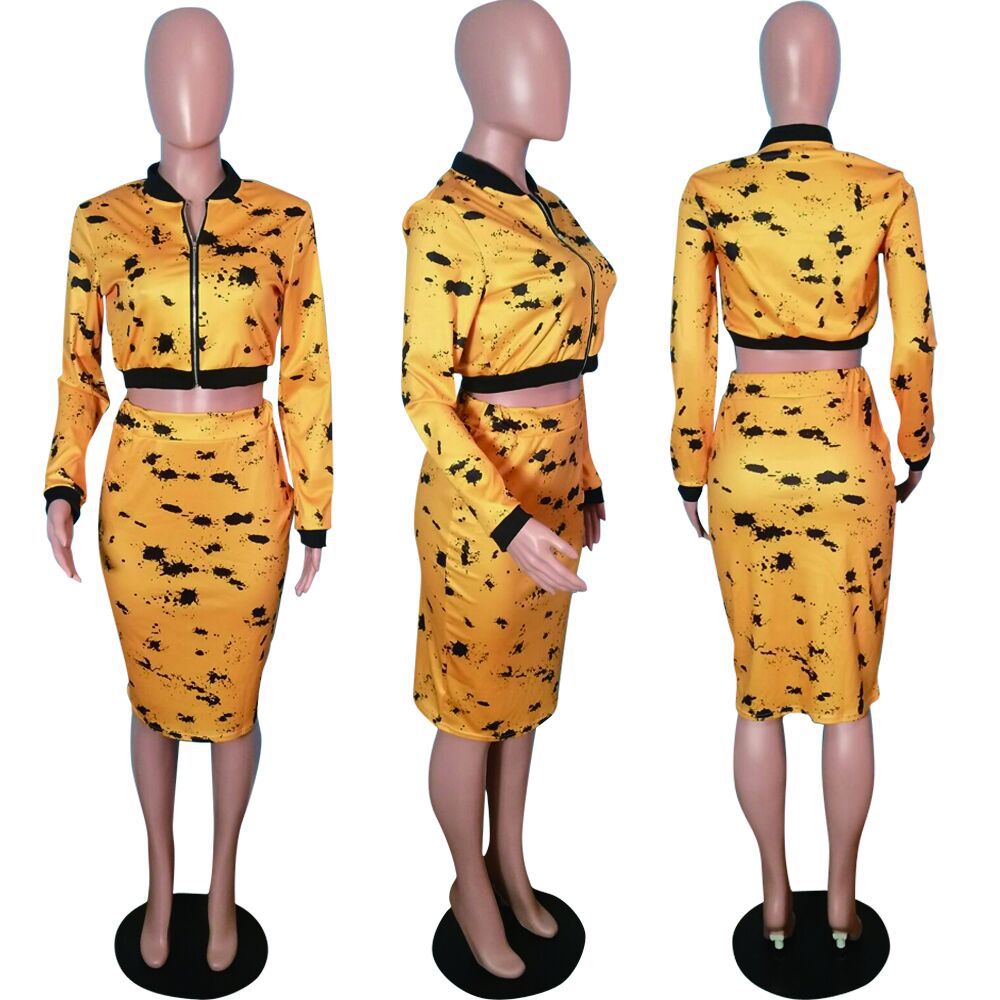 Plus Size Sexy Two Piece Matching Set Autumn Black Yellow Print Clothes Long Sleeve Front Zipper Crop Top+Midi Skirts Set - TRIPLE AAA Fashion Collection