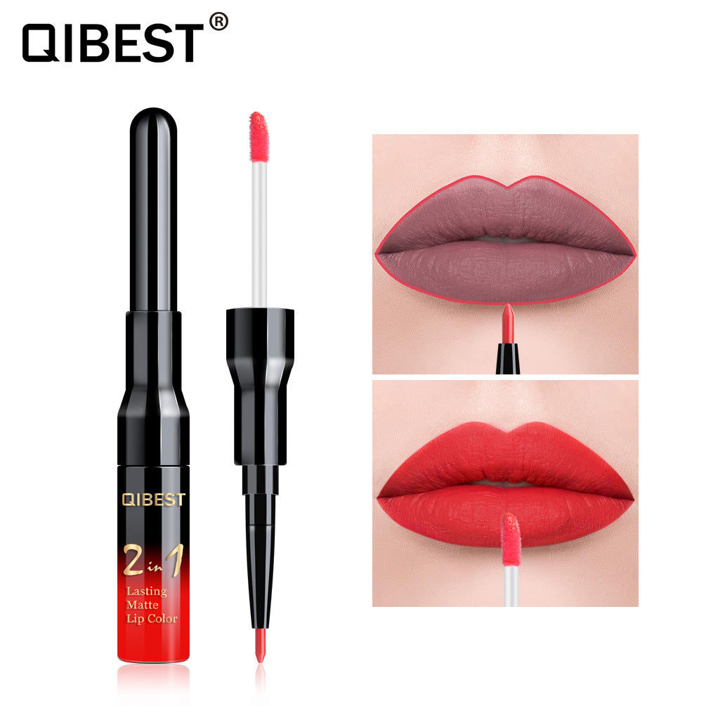 QIBEST2 In 1 Lip Gloss + Lip Pencil Matte Non Stick Liquid Lipstick Double Head Lip Gloss Pen