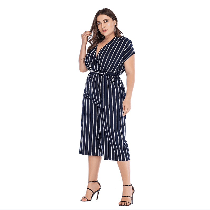 GIBSIE Summer Office Lady Elegant Belted Striped Jumpsuit Women Plus Size Wrap V Neck Casual Pocket Rompers Womens Jumpsuit - TRIPLE AAA Fashion Collection